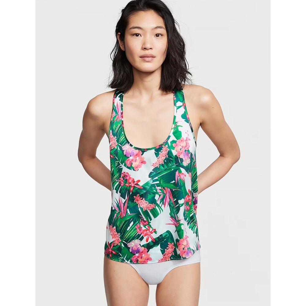Victoria's Secret Women's Tank Top Satin Racerback Tropical‎ Size Large New